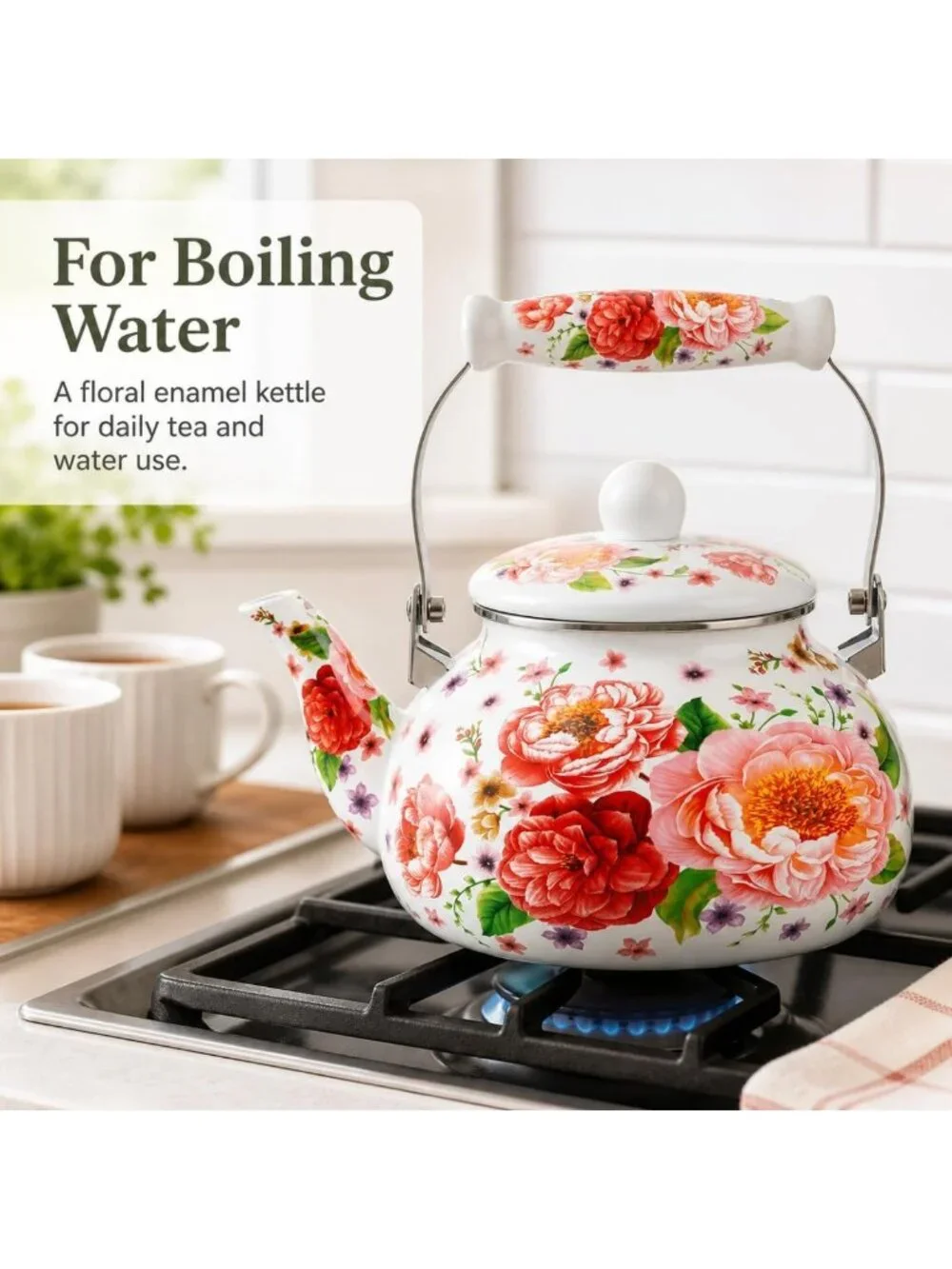 Vintage Floral Enamel Tea Kettle 2.6 Qt - Non-Whistling, Multi-Use & Hand Wash